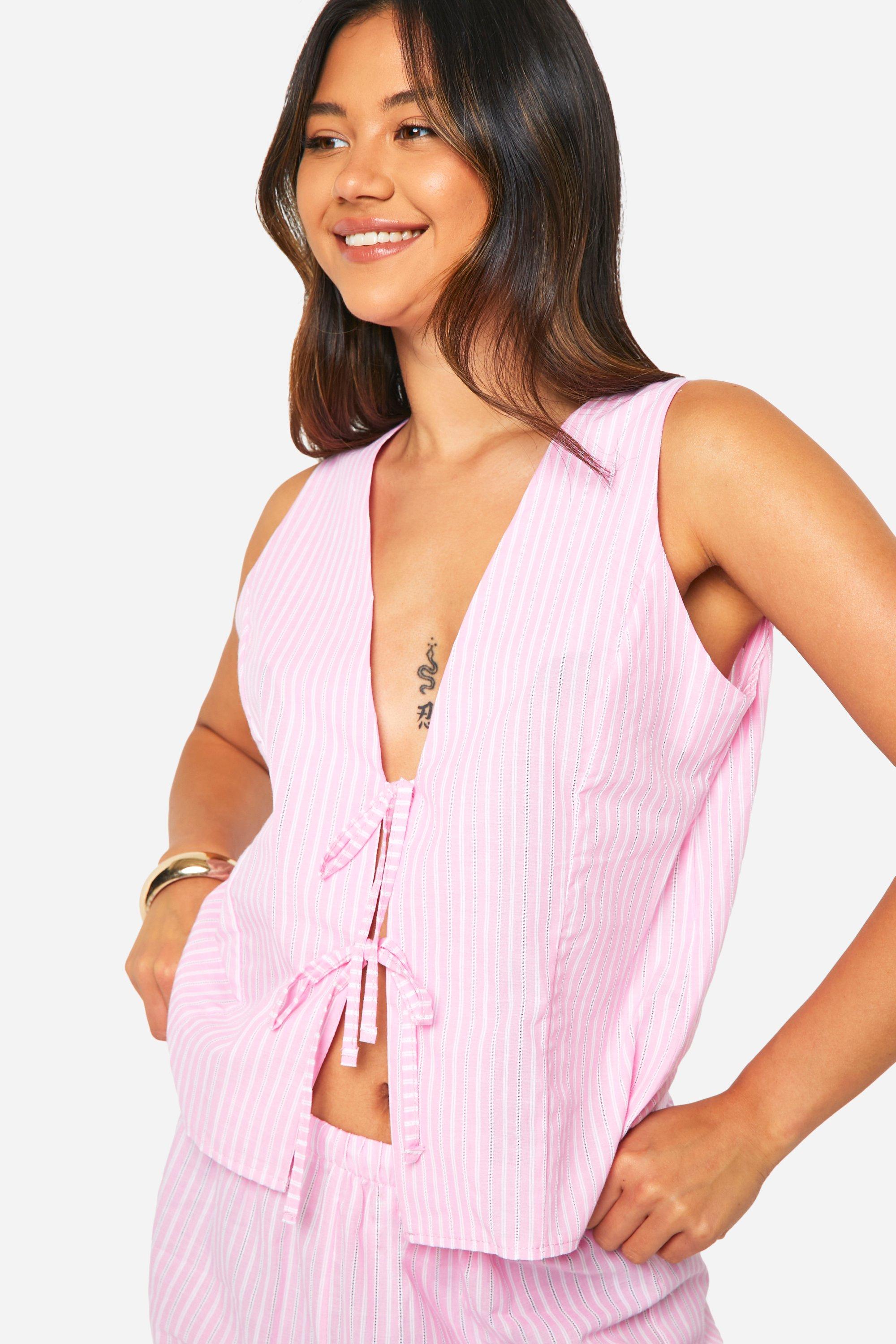 Linen Look Stripe Tie Front Top Wide Leg Trousers boohoo
